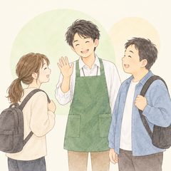スタッフとあいさつする様子のイラスト