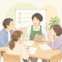 みんなで予定を確かめ合う様子のイラスト