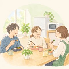 持ってきた昼食を食べて休む様子のイラスト