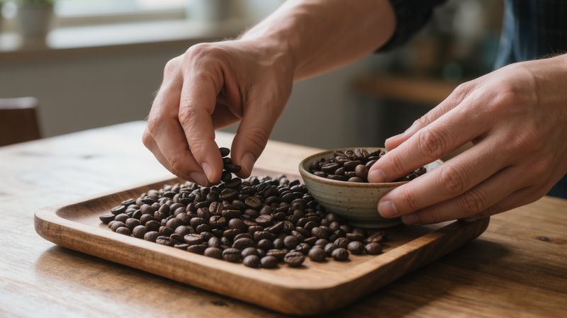 コーヒー豆を選り分けている手元